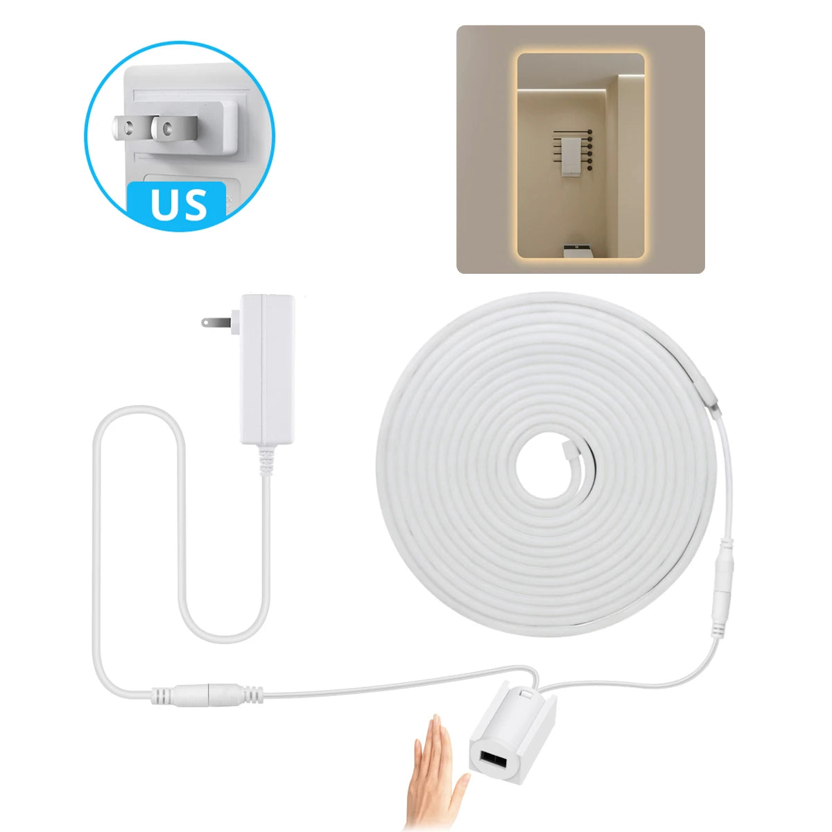 DC12V LED Strip Lights with Hand Sweep Motion Sensor 1M/2M/3M/5M Neon Tape for Cabinet Bathroom Mirror Lighting Hand Sweep Contr Oasis Select USA Plug Warm 1m