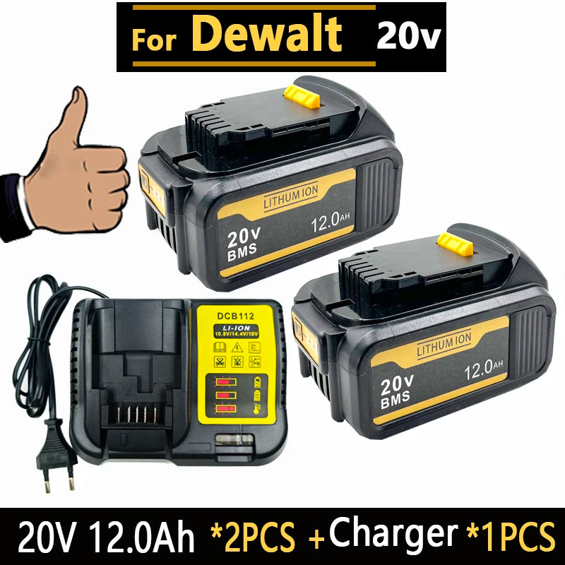 [Battery + Charger Set] 18-20V 6.0Ah/8.0Ah/12.0Ah Lithium Battery for DEWALT 20V MAX XR, DCB207 DCB205 DCB206, Oasis Select 20V 2PCS 12.0Ah-EU