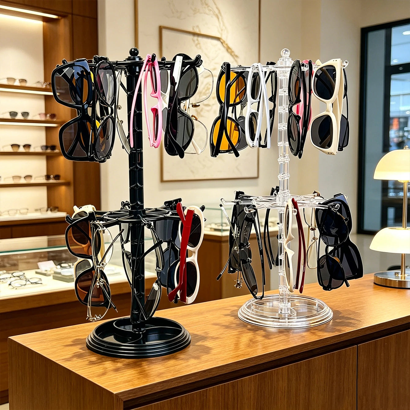 1pc adjustable black/transparent glasses display storage hanging bag two-layer height rotatable sunglasses countertop holder Oasis Select