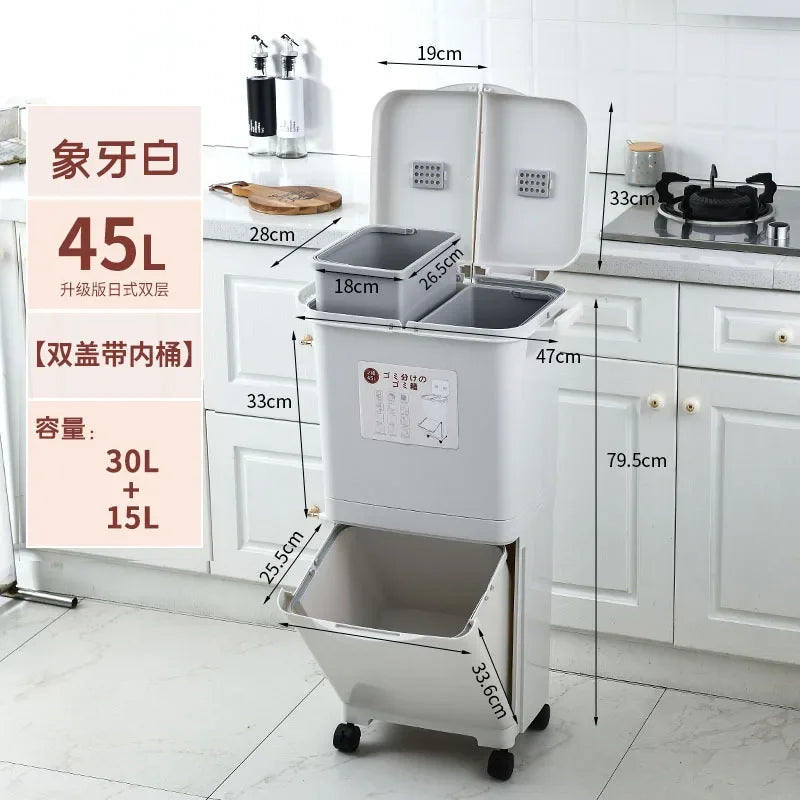 Japanese-style sorting trash can Double bucket Household large kitchen with lid Foot pedal Dry and wet plastic separation bucket Oasis Select 45L double-double