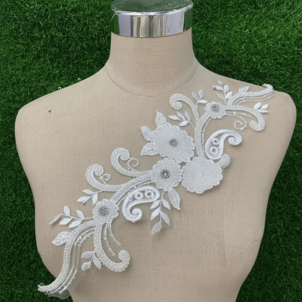 Rhinestone Flower Lace Applique Patch Handsewn Glass Drill Flower Embroidery Applique DIY Evening Gown Wedding Dress Accessories Oasis Select White