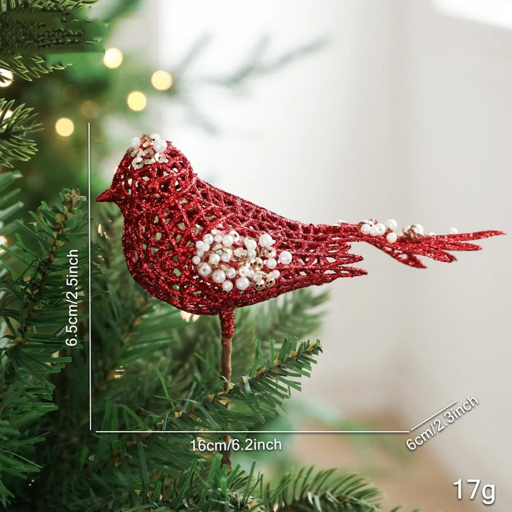 Hollow Bird Christmas Tree Decoration Sparkling Glitter Artificial Bird Ornaments Holiday New Year Party Christmas Decoration Oasis Select Red