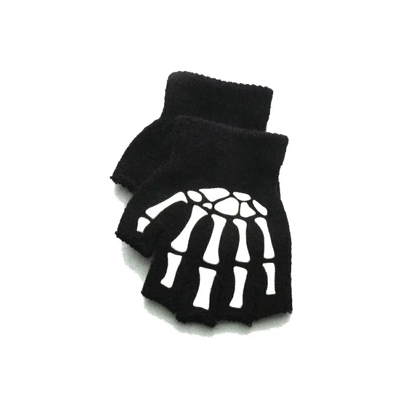 1-10pairs New Adult Cosplay Halloween Skeleton Skull Half Finger Punk Gloves Glow in the Dark Fingerless Stretch Knitted Mittens Oasis Select 1pair