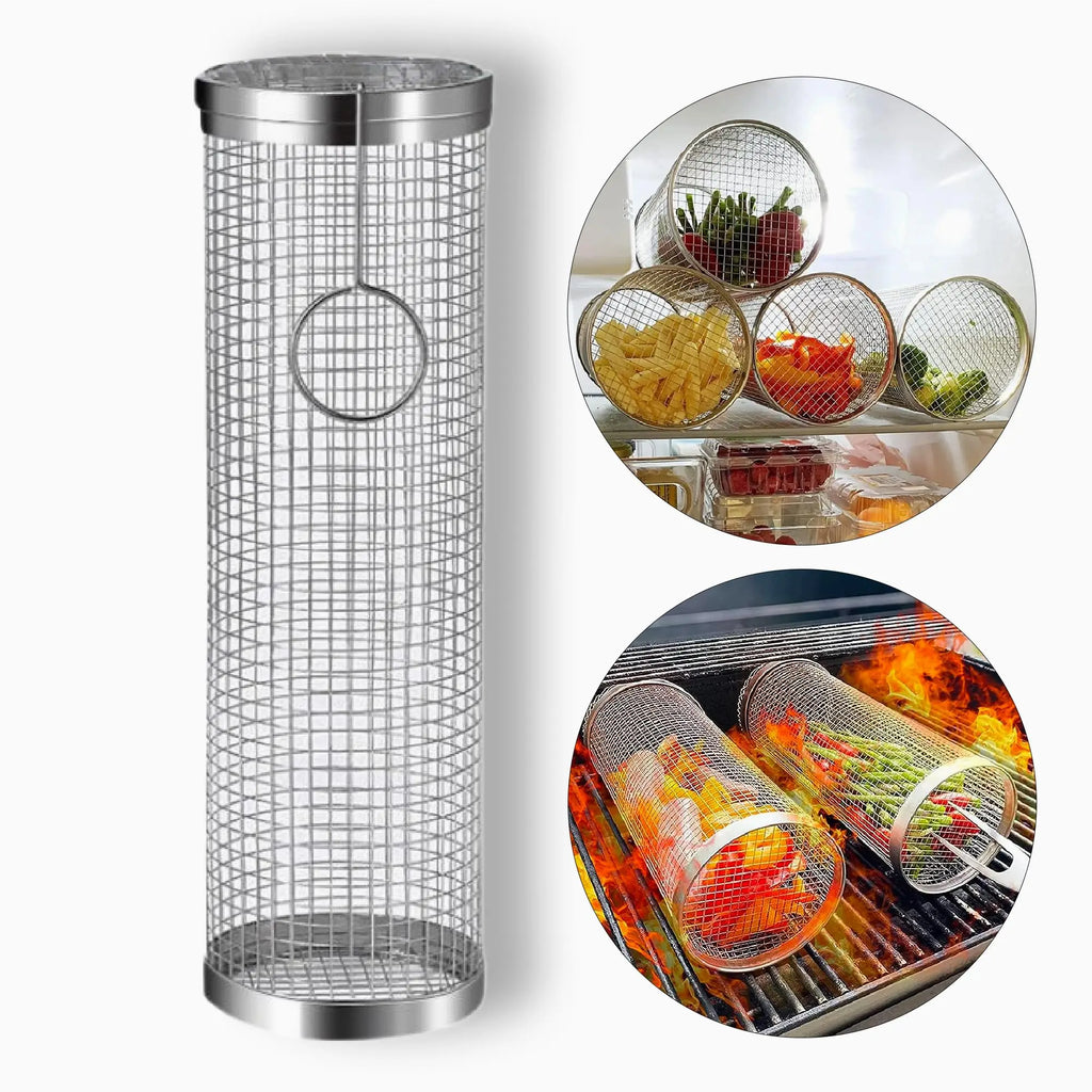 Stainless Steel Barbecue Cage Outdoor BBQ Cylinder Grill Smoked Mesh Drum Barbecue Tool barbecue kamado bbq accessories Oasis Select