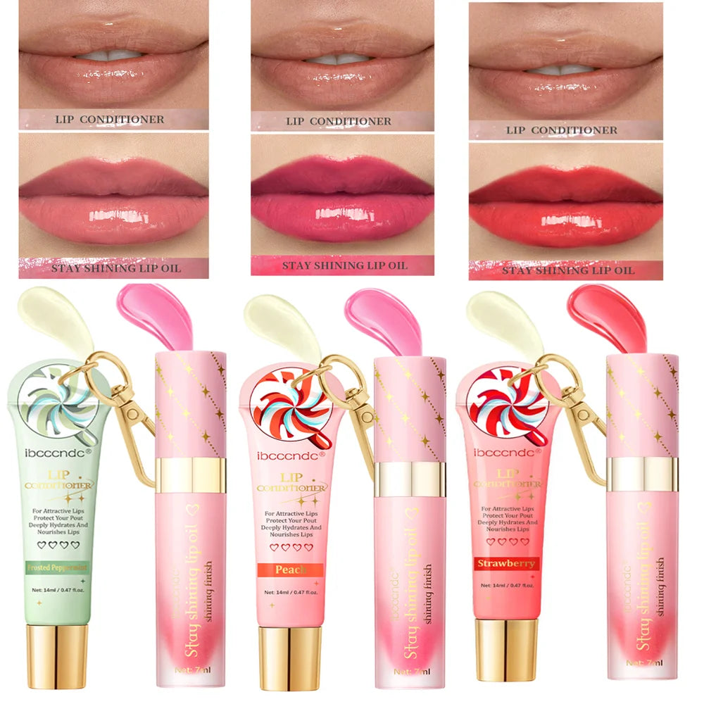 Lip Glosses Set Lip Duo Lip Gloss Combo with A Keychain Long Lasting Moisturizing Nourish Plumper Cosmetics Oasis Select 3 Colors