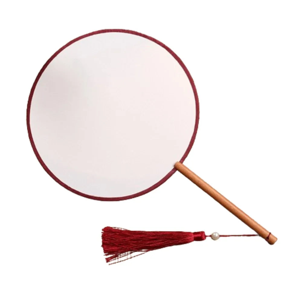 Vintage Blank Round Hand Fan Chinese Style Unfinished Wooden Silk Hand Fan with Tassel Elegant Art Painting Fans Wedding Party Oasis Select Style 1