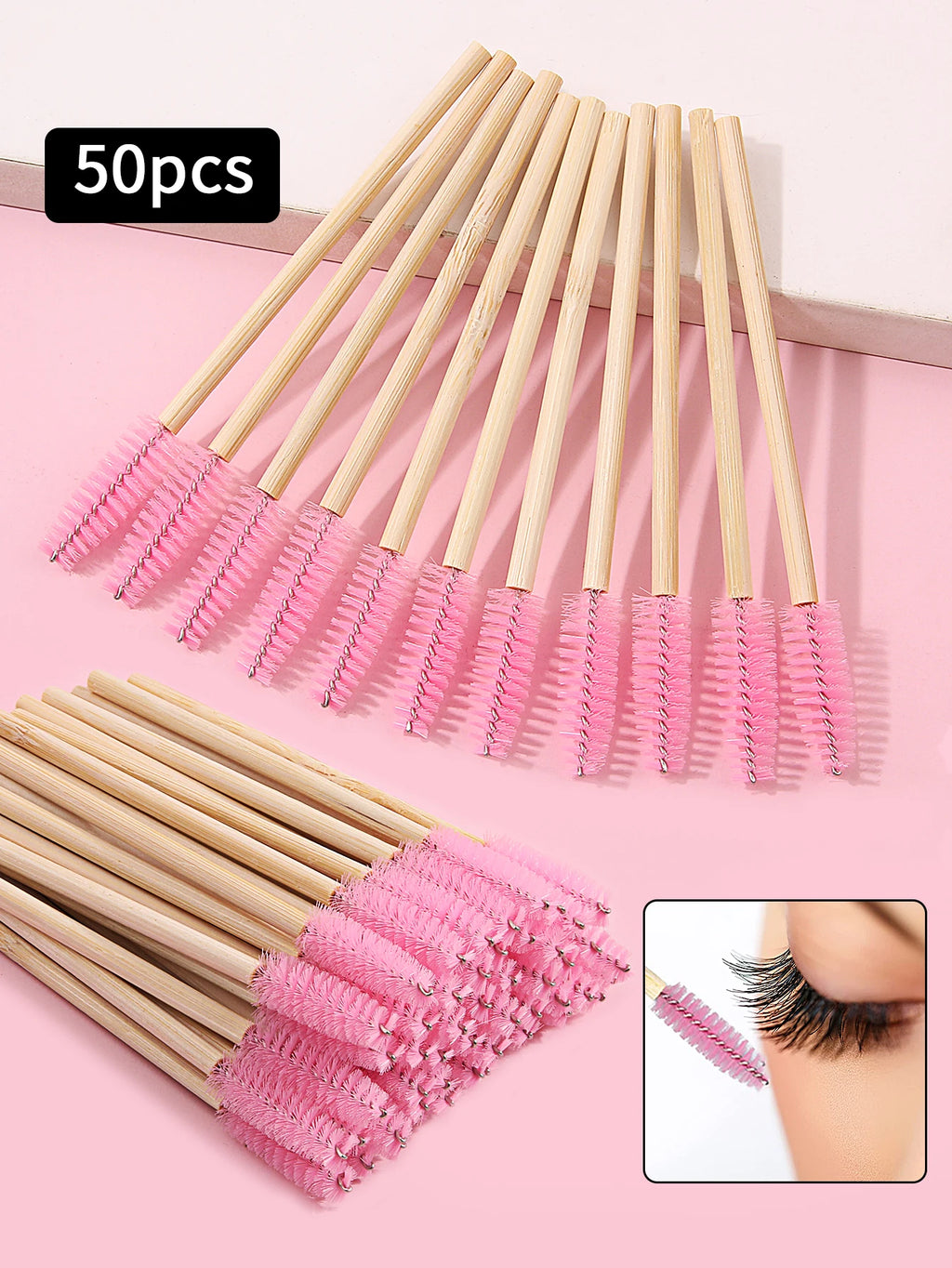 50-Pack Bamboo Mascara Wands & Eyelash Extension Brushes Mascara Wand Set Oasis Select Pink