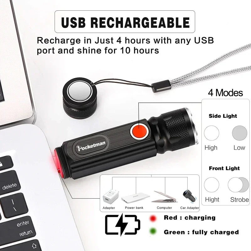 USB Rechargeable Flashlights with COB Side Light High Power LED Flashlight Outdoor Emergency Light Torch with Built-in Battery Oasis Select