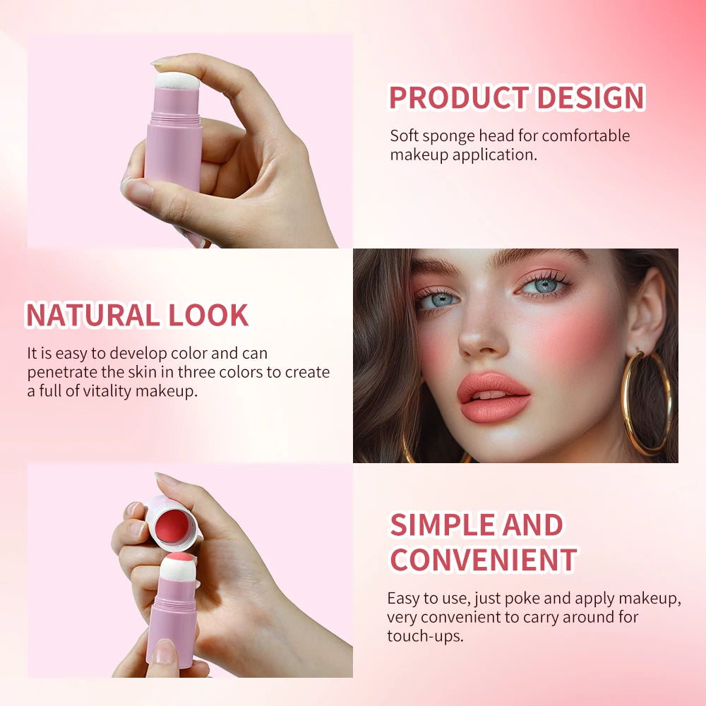 Lakerain Soft Face Blush Stick Girl Korean Style Brightening Dual-Use For Lip And Cheek Waterproof Cheek Blush Sponge Brush Head Oasis Select
