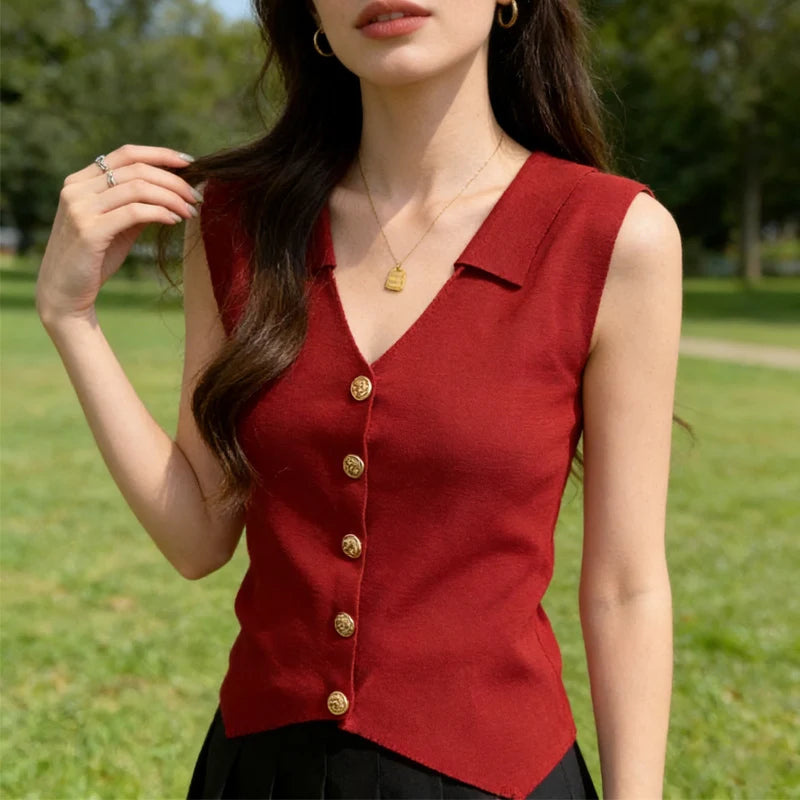 Mock Neck Sleeveless Knit Top for Women Summer Slim Fit Gray Layering Undershirt Casual Korean Style Basic Tank Top Oasis Select Red One Size