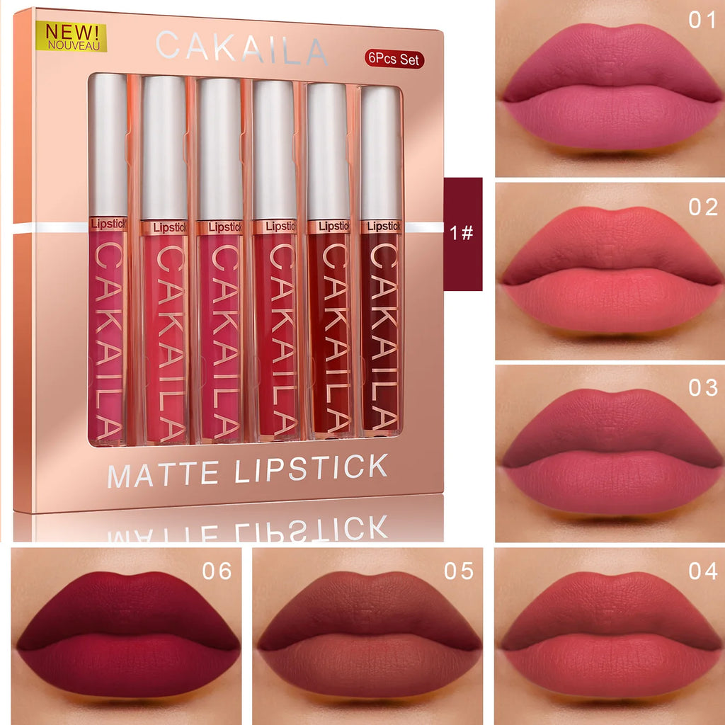 CAKAILA 6-Color Lip Gloss Lipstick Set Liquid Matte Velvet Matte Women's Makeup Long-lasting Waterproof Non-stick Cup Non-fade Oasis Select 01