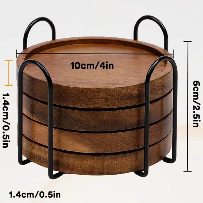 4Pcs/1set Japanese Style Bamboo Wood - Heat-Resistant Coasters - with 1 Iron Stand - Solid Wood Round Tea Cup Coasters Oasis Select 1Set
