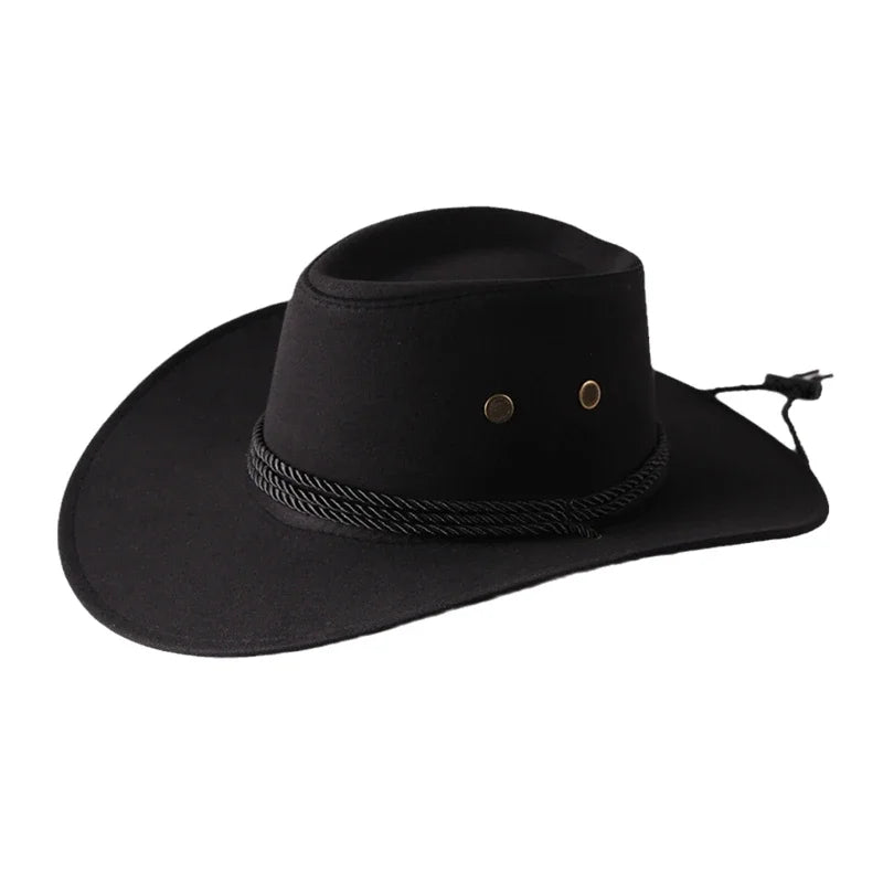 Western Cowboy Hat Vintage Wide Brim, Sun Protection Outdoor Hat for Riding Camping Hiking, Solid Color Jazz Basin Hat Oasis Select black