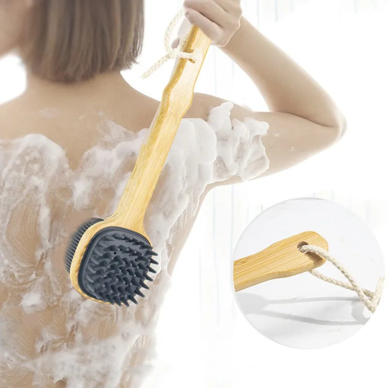 Soft Silicone Body Cleansing Brush Detachable Long Wooden Handle Design Bath Grooming Tool Gentle Exfoliating Accessory Oasis Select