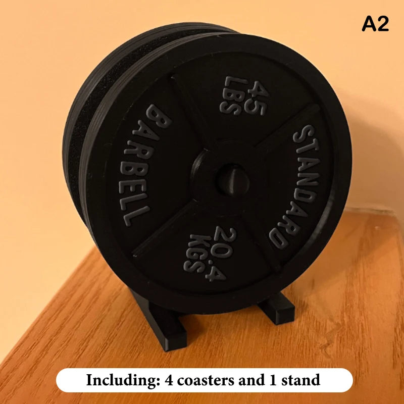 Weight Plate Coaster Set Holder Drink Coaster With Four Black Coasters For Hot Cold Drink For Bar Home Kitchens, Fitness Gyms Oasis Select A2