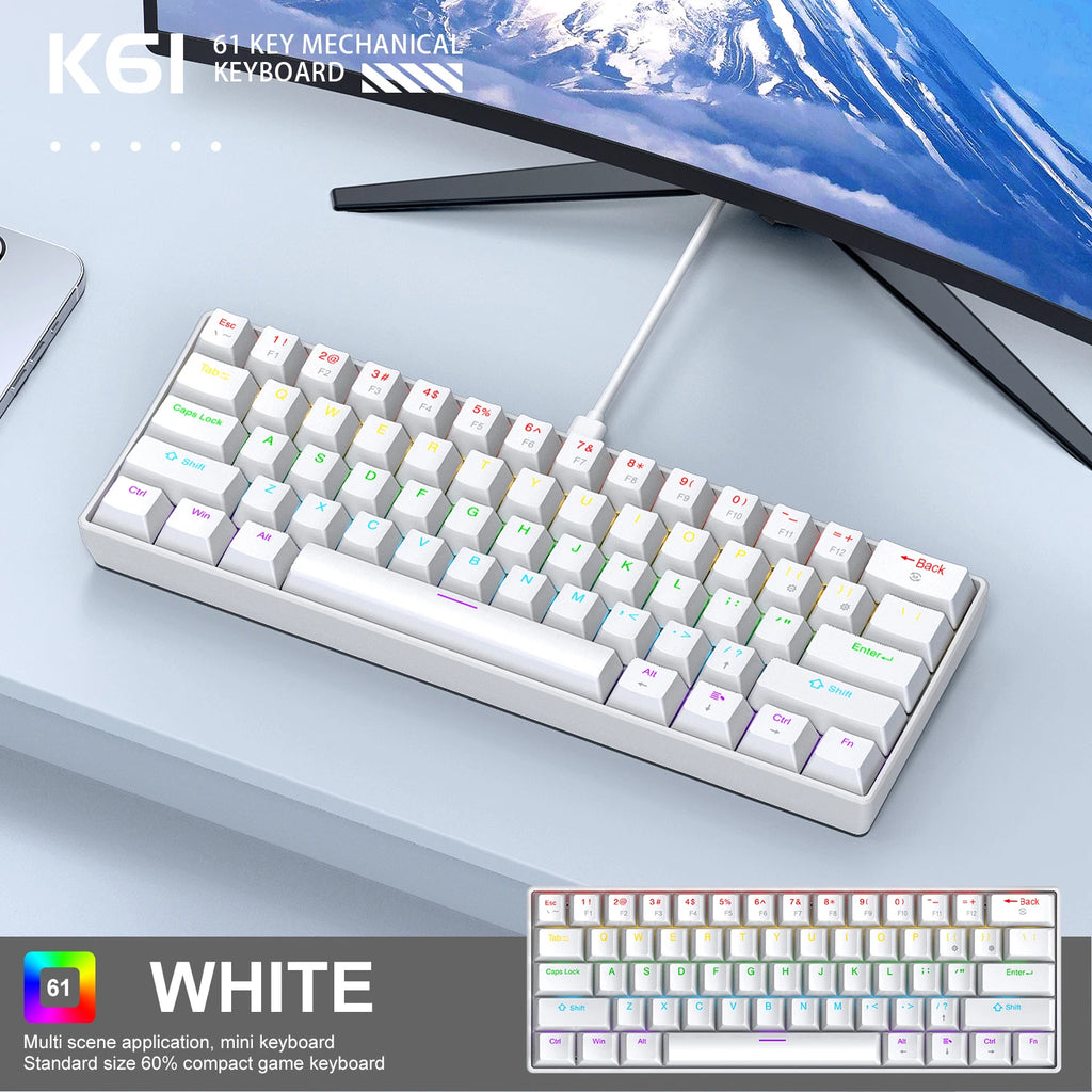APAYADO K61 Mini Mechanical Keyboard,Wired,61 Keys,Phantom RGB, Black/White Red/Blue Mechanical Switch for Gaming,60% Portable Oasis Select K61-Whtie blue switch
