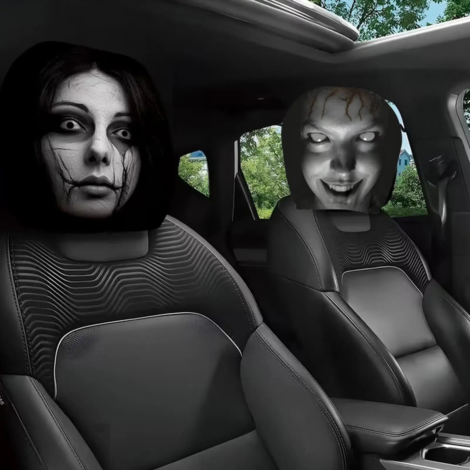 Headrest Covers for Cars 2 Piece Automotive Seat Decorations Cute Scary Face Pattern Cartoon Car Headrest Covers for Decoration Oasis Select