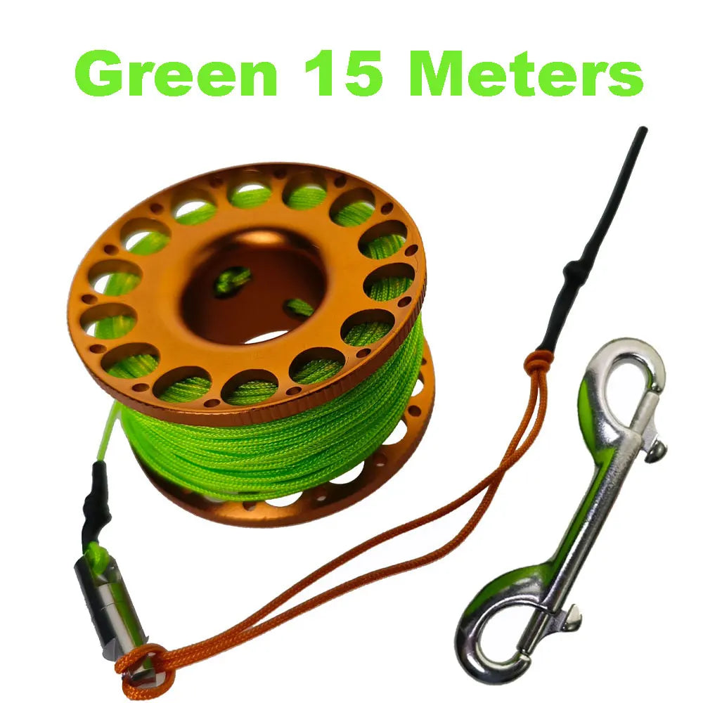 15M 20M 30M Scuba Diving Aluminum Alloy Spool Finger Reel with Stainless Steel double ended hook SMB Equipment Cave Dive Oasis Select Green Line 15M 2