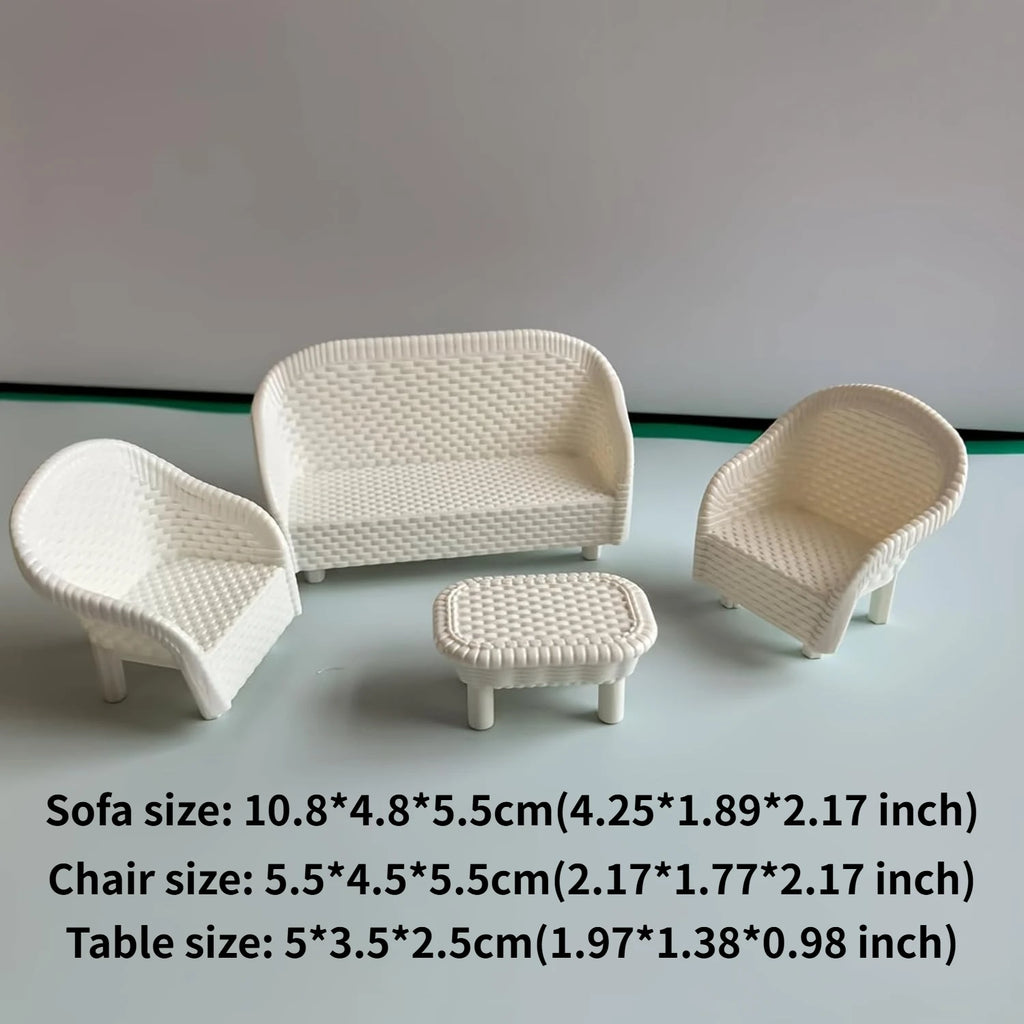 4 PCS Miniature White Wicker Tea Table & Chair Set Dollhouse Furniture Micro Landscape Props for Bedroom Fairy Garden Decor Oasis Select