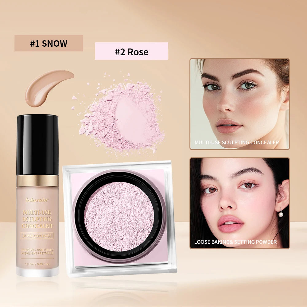 2pcs Face Makeup Set With Concealer And Loose Setting Powder Natural Face Smooth Matte Finish Women Cosmetics Korean Makeup Oasis Select SET 4