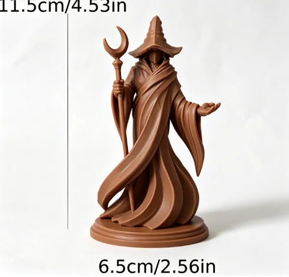 Gothic Faceless Wizard Miniature Figurine 3D Printed Moon Staff Cloaked Mage Statue Home Tabletop Bookshelf Ornament Decor Gifts Oasis Select Wizard Brown