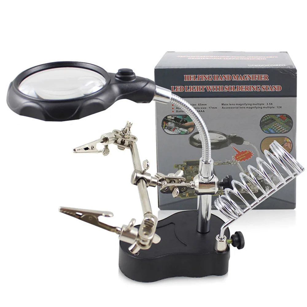 3.5X 12X Helping Hands Third Hand Soldering Iron Welding Stand Station with 2 LED Clip Welding Magnifier Magnifying Glass Oasis Select