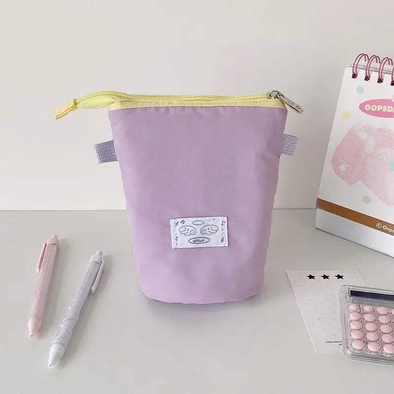 1Pcs Cute Polka Dot Solid Color Stationery Pencil Case Student Two Way Desktop Pen Holder Portable Organizer Bag ﻿ Oasis Select Purple