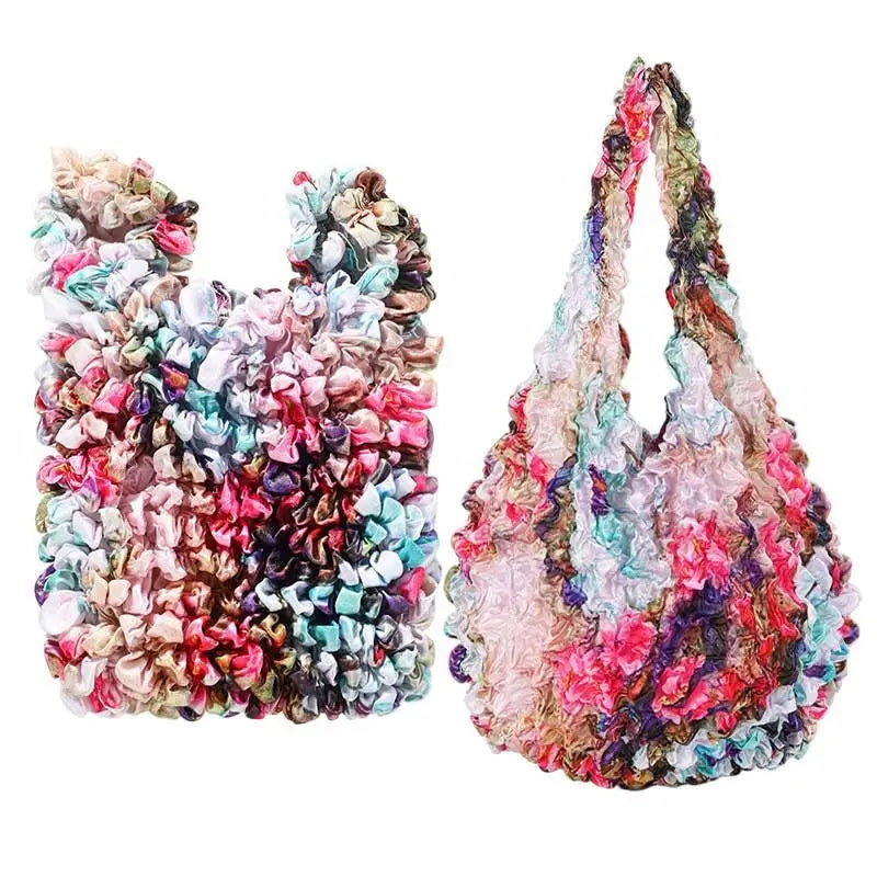 Flower Expansion Fold Pleated Flexible Stretch Mini Shopping Bag Large Capacity Bubble Elastic Portable Handbag Storage Bag Oasis Select A8