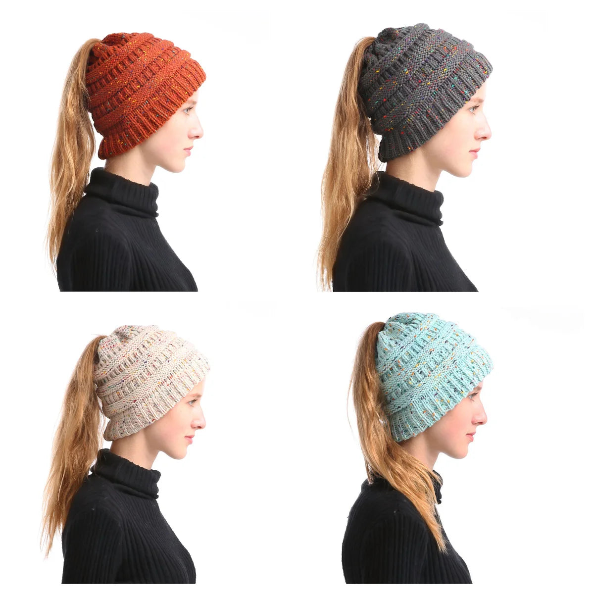Mixed color hollow top hat with large brim, knitted ponytail, parent-child hat, yarn and yarn versatile Oasis Select