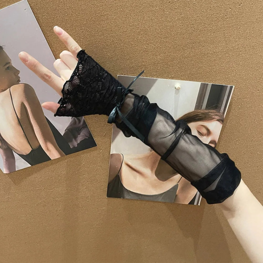 Kawaii Lace Ruffle Arm Sleeves Fishnet Design Elastic Cuff Lace Gloves Bowknot Strapping Fingerless Gloves Girl Oasis Select Black-A