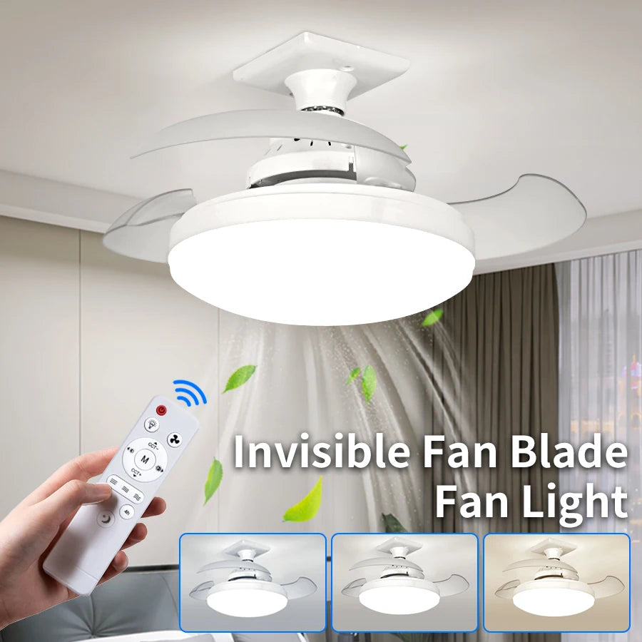 2 in 1 E27 Ceiling Fan Light with Remote Control AC 85-265V Three-Color Three-Wind Speed Dimmable Timer Function for Living Room Oasis Select