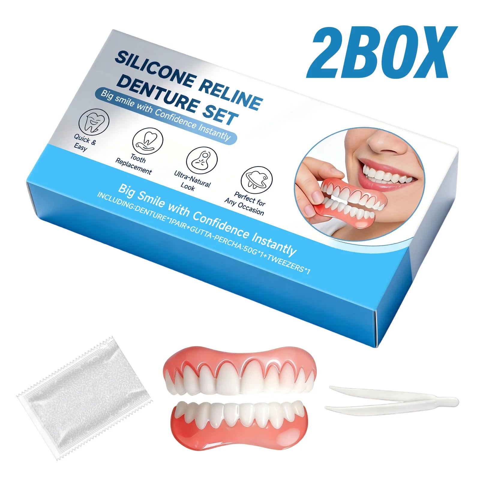Silicone Reline Denture Set Instant Smile Veneers Upper Lower Fake Teeth Tweezers DIY Temporary Tooth Replacement Set Oasis Select 2box