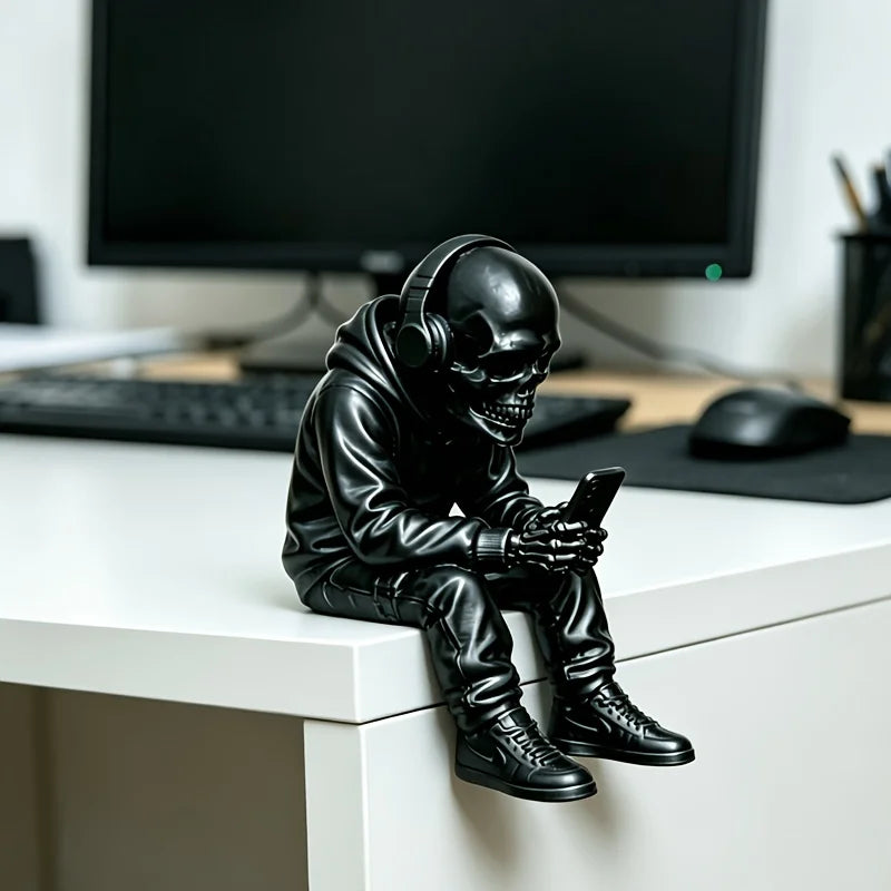 Cool Trendy Hoodie Skeleton Using Phone Ornament Figurine Skull Using Phone Edgy Desk Ornament Decor for Urban Minimalist Spaces Oasis Select