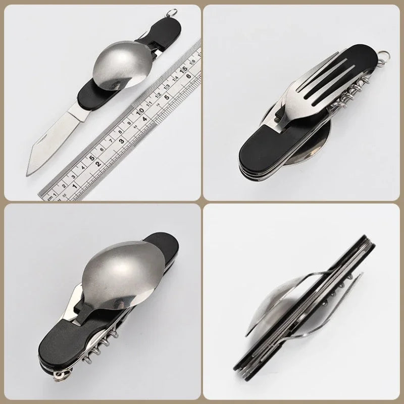 Foldable Spoon Knife Fork Bottle Tablespoon Set 4 in 1 Bottle Opener Stainless Steel Folding Pocket Kits Outdoor Camping Utensil Oasis Select
