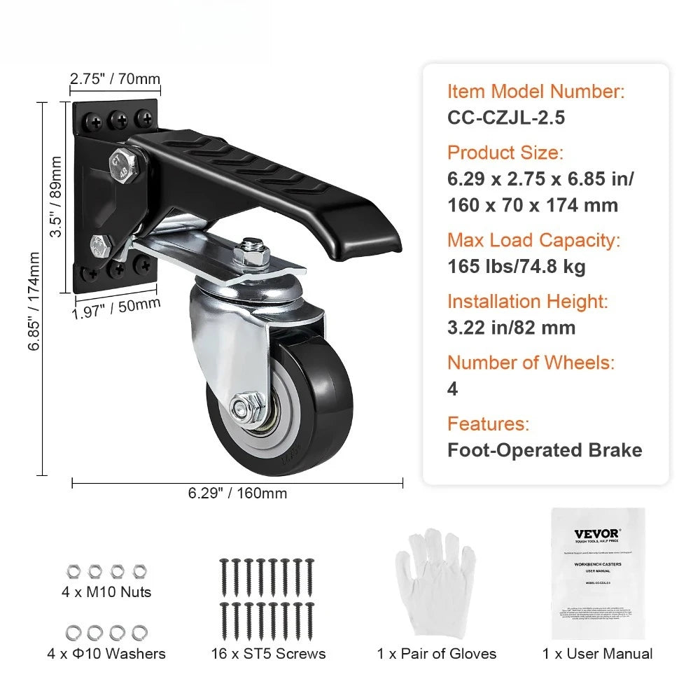 1pcs SucceBuy 165 lbs 2.5" Workbench Caster Wheels Side Mounted Retractable Stepdown Wheel 360° Swivel for Tables Equipment Oasis Select