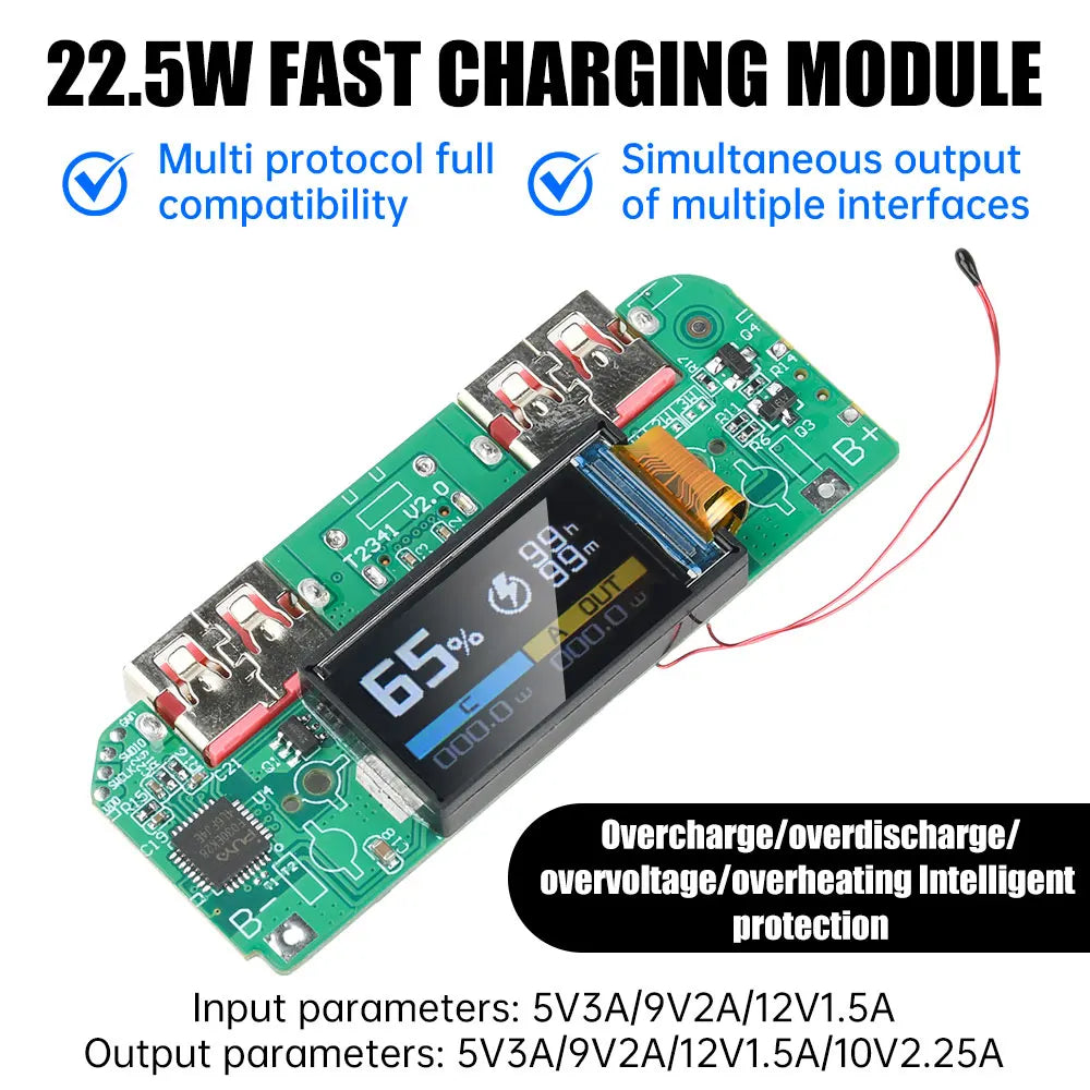 22.5W Fast Charging Power Bank Motherboard with TFT Color Digital Display for Ternary Lithium Battery PD QC Quick Charge Module Oasis Select