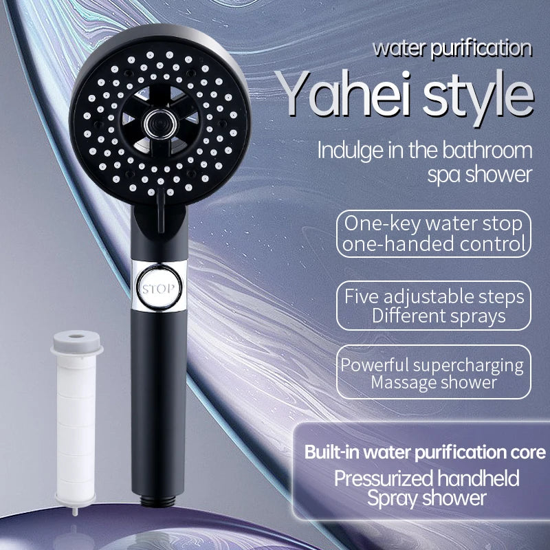 New High Pressure Shower Head 5 Modes Adjustable Showerhead Water Saving One-Key Stop Spray Nozzle Hose Bathroom Accessories Set Oasis Select Black Shower
