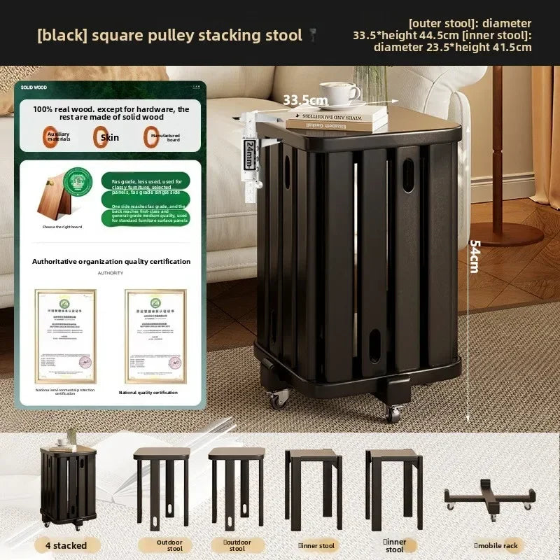 Household stools can be stacked solid wood round stools stacked low stools with pulleys wooden stools sturdy and durable Oasis Select Black-4C