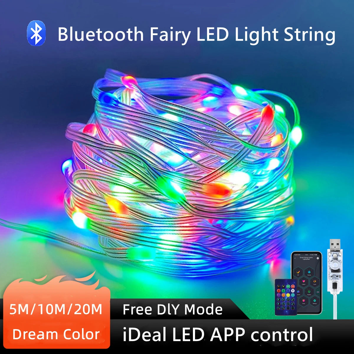 20M 10M 5M Smart Bluetooth APP Control RGBIC LED String Fairy Color USB Powered,Remote Control DIY Festival Christmas Tree Light Oasis Select
