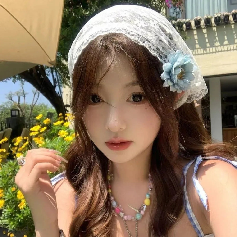 Fashion Vintage Lace Flower Hair Scarf Shawl Thin Cute Bandanas for Women Chic Style Bohemian Sweet Headscarf Photography Oasis Select