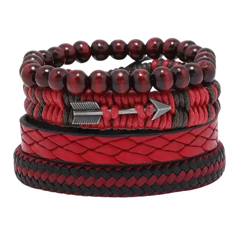 4Pcs/Set Fashion Vintage Men's Leather Bracelet Cupid's Arrow Wooden Beaded Leather Hand Woven Retro Fashion Bracelets For Men Oasis Select
