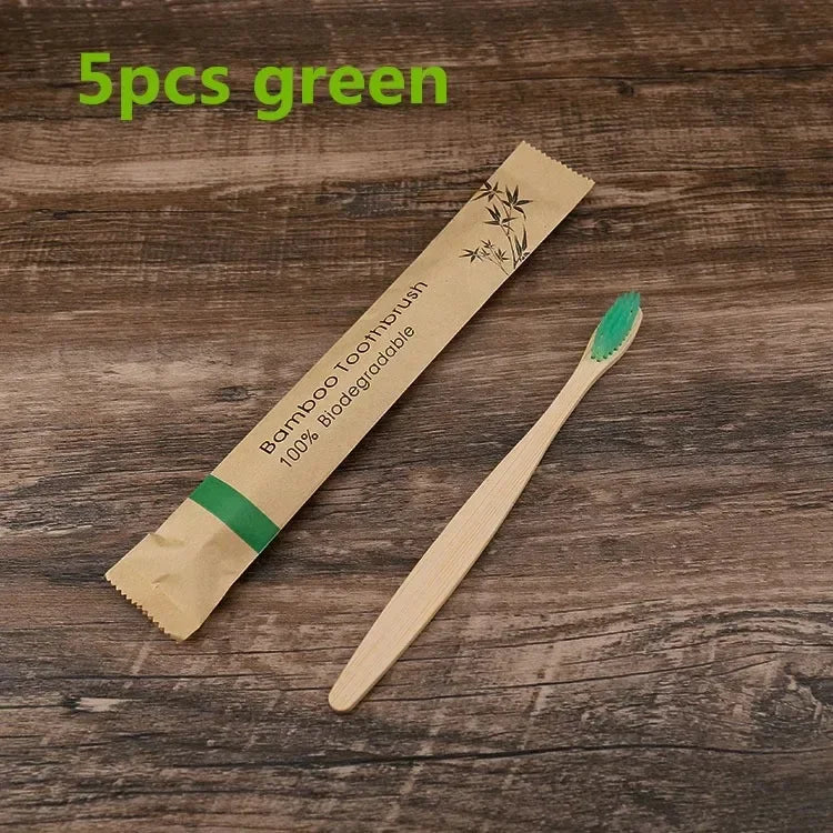 10Pcs Eco friendly toothbrush Bamboo Resuable Toothbrushes Portable Adult Wooden Soft Tooth Brush for Home Travel Hotel use Oasis Select 5pcs green