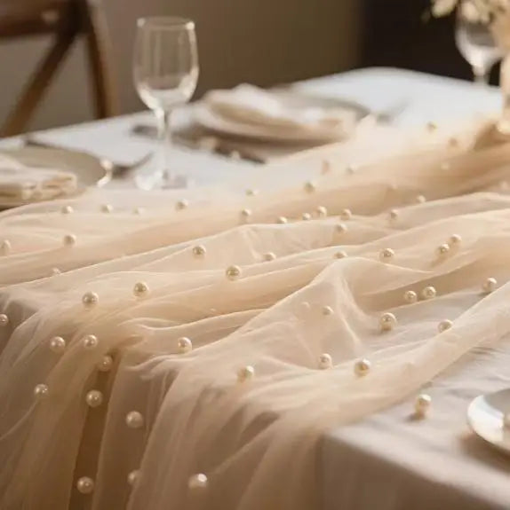 Pearl Beaded Tulle Table Runner – Wedding & Party Decor