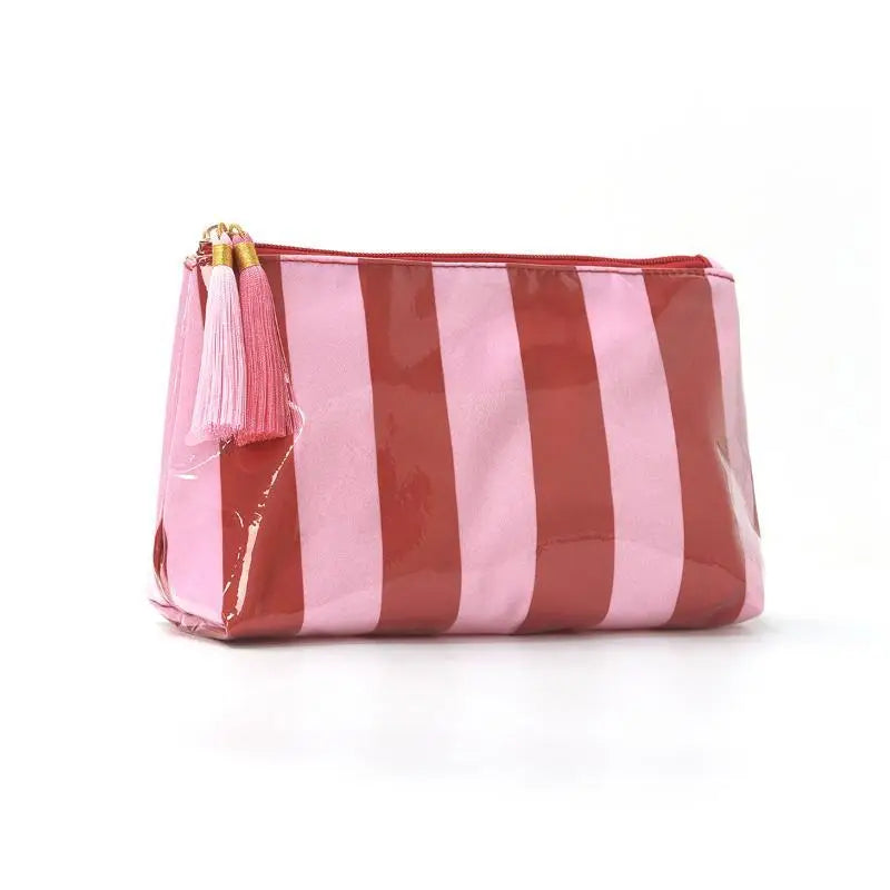 Waterproof Striped PVC Cosmetic Bag with Tassel Zipper
