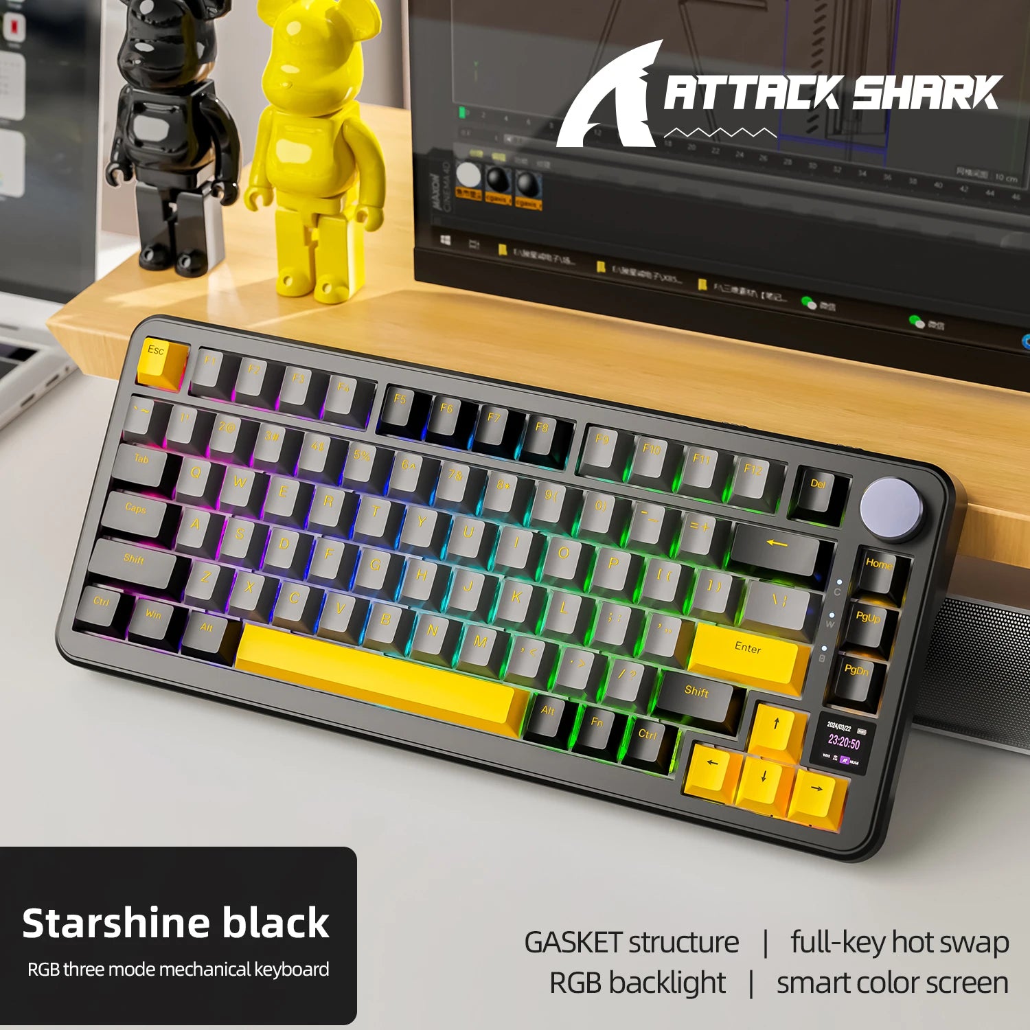 ATTACK SHARK X85 & X85Pro Wireless Mechanical Gaming Keyboard, 75% Layout, Hot Swappable, RGB, Bluetooth, PBT, Gasket Design Oasis Select X85PRO-Stars black