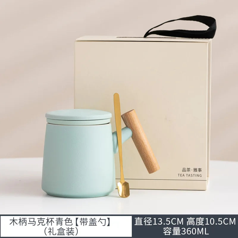 Office Wooden Handle Mug Japanese-style Ceramic Office Tea Cup Frosted Water Cup Three-piece Set with Lid Filter Mug Coffee Mug Oasis Select Cyan gift box 301-400ml