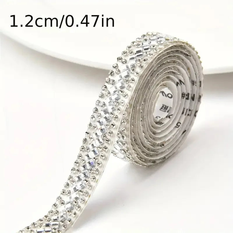 1Yard Glitter White Crystal Rhinestone Tape Trim Self-Adhesive Glass Appliques Diamond Sticker for Dress Shoe Adornment Ribbon Oasis Select C-12MM