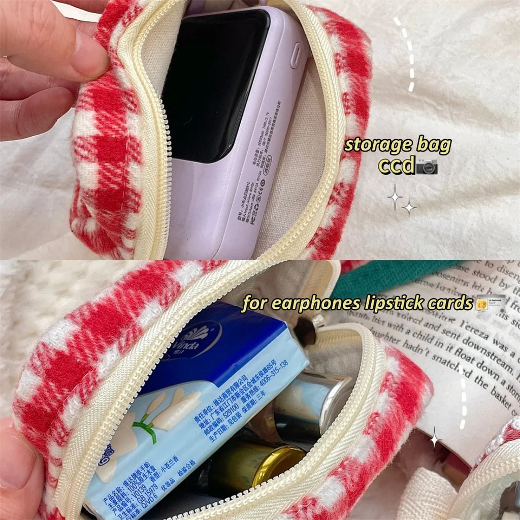 Knitted Plaid Student Stationery Pencil Case Multifunctional Storage Cosmetic Bag Portable Stationery Box Oasis Select