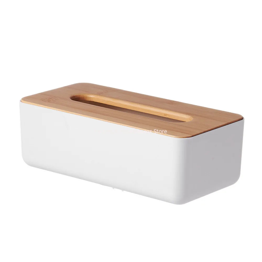 Bamboo Lid Plastic Tissue Box Organizer Rectangular Paper Towel Holder for Living Room Bathroom Kitchen Storage Oasis Select