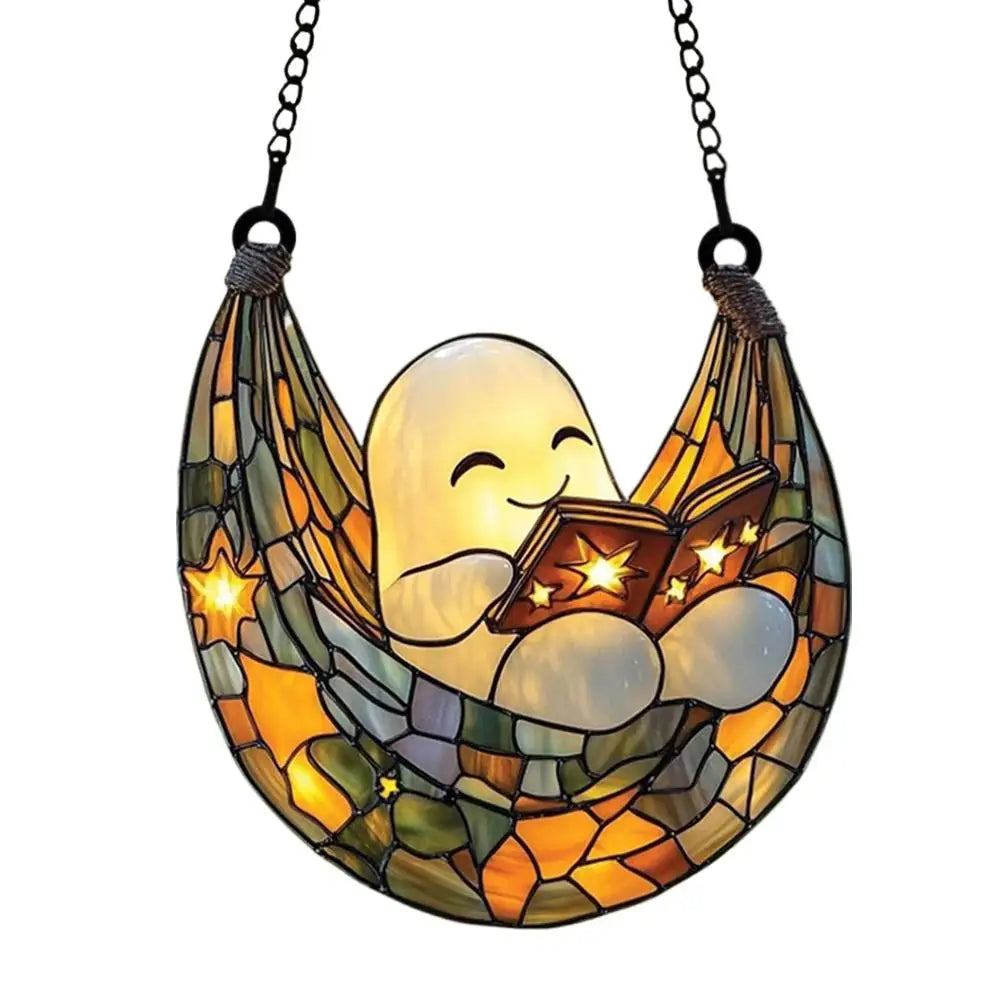 Ghost Reading Book Suncatcher – Acrylic Window Ornament